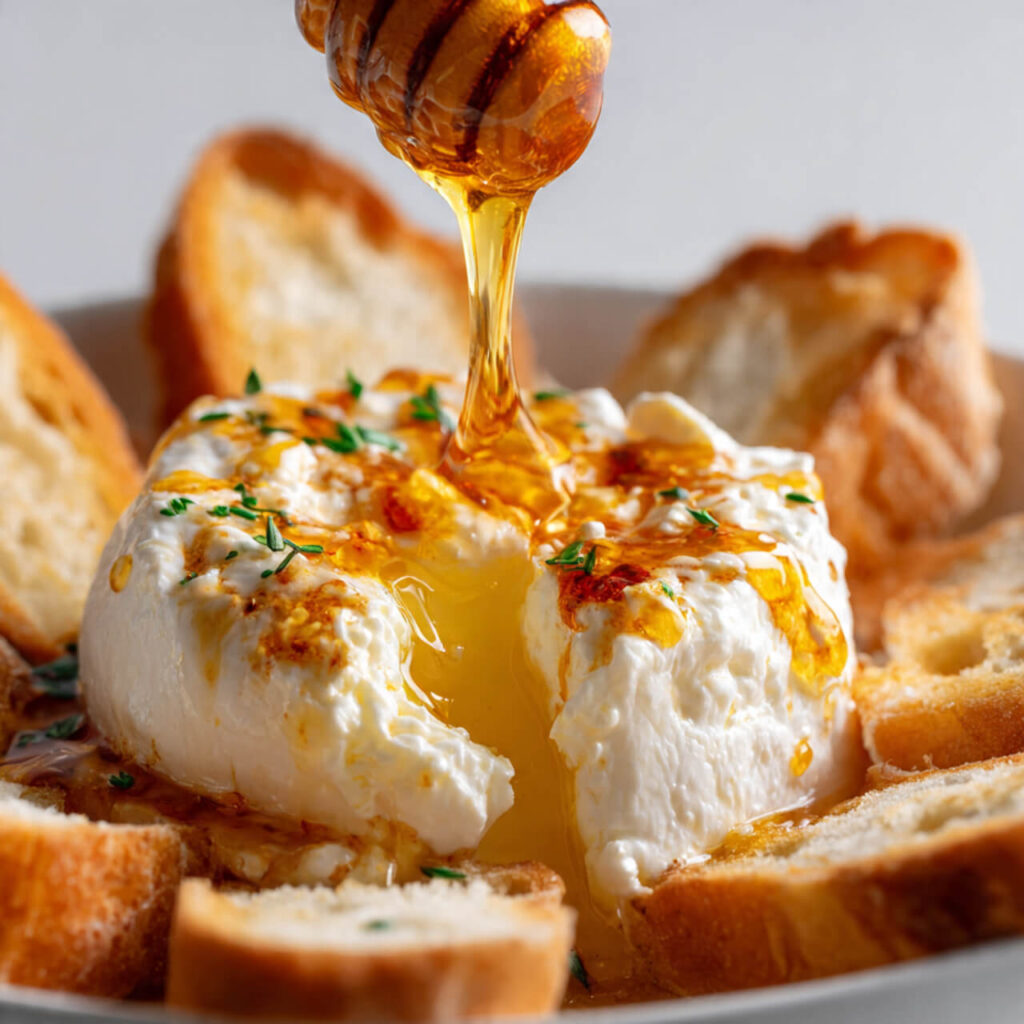 Hot Honey Burrata Appetizer with Crostini