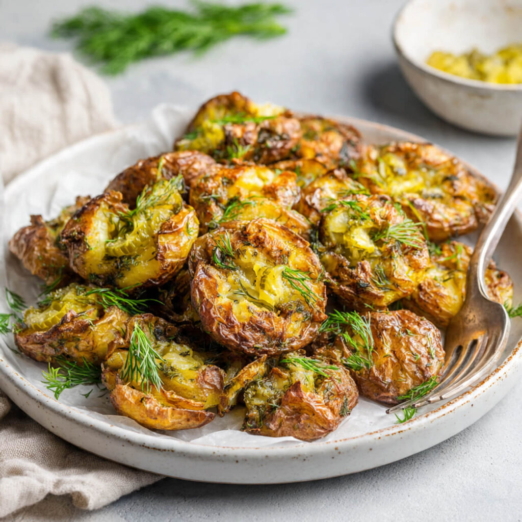 Crispy Dill Pickle Air Fryer Smashed Potatoes