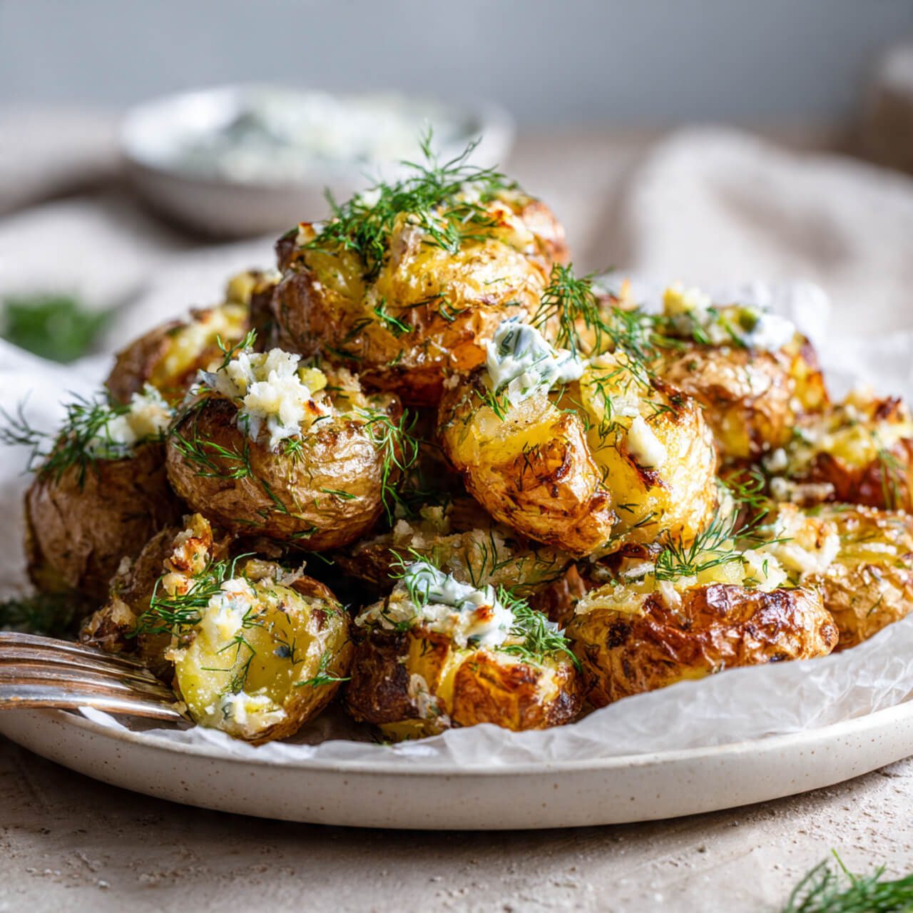 Crispy Dill Pickle Air Fryer Smashed Potatoes